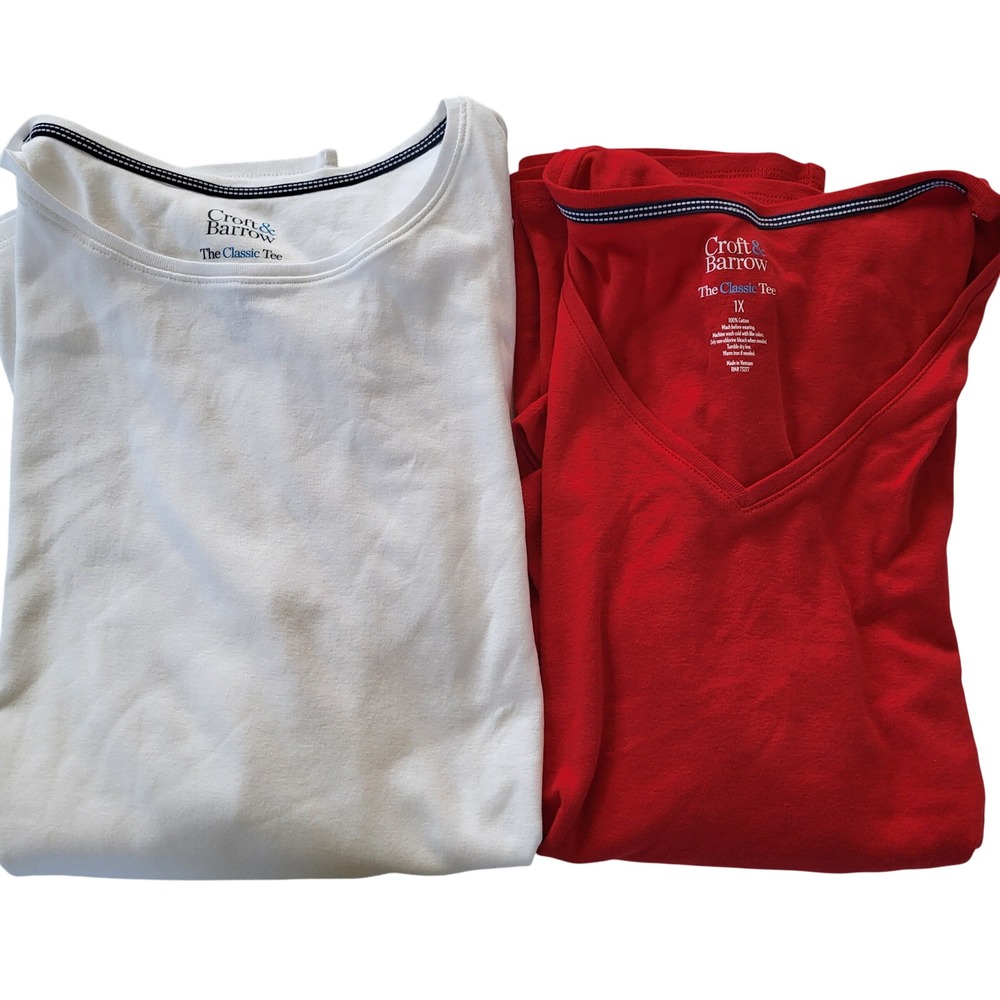 Croft & Barrow The Classic Tee Bundle 1X Red V-Neck‎ White Crew Neck Cotton Tops